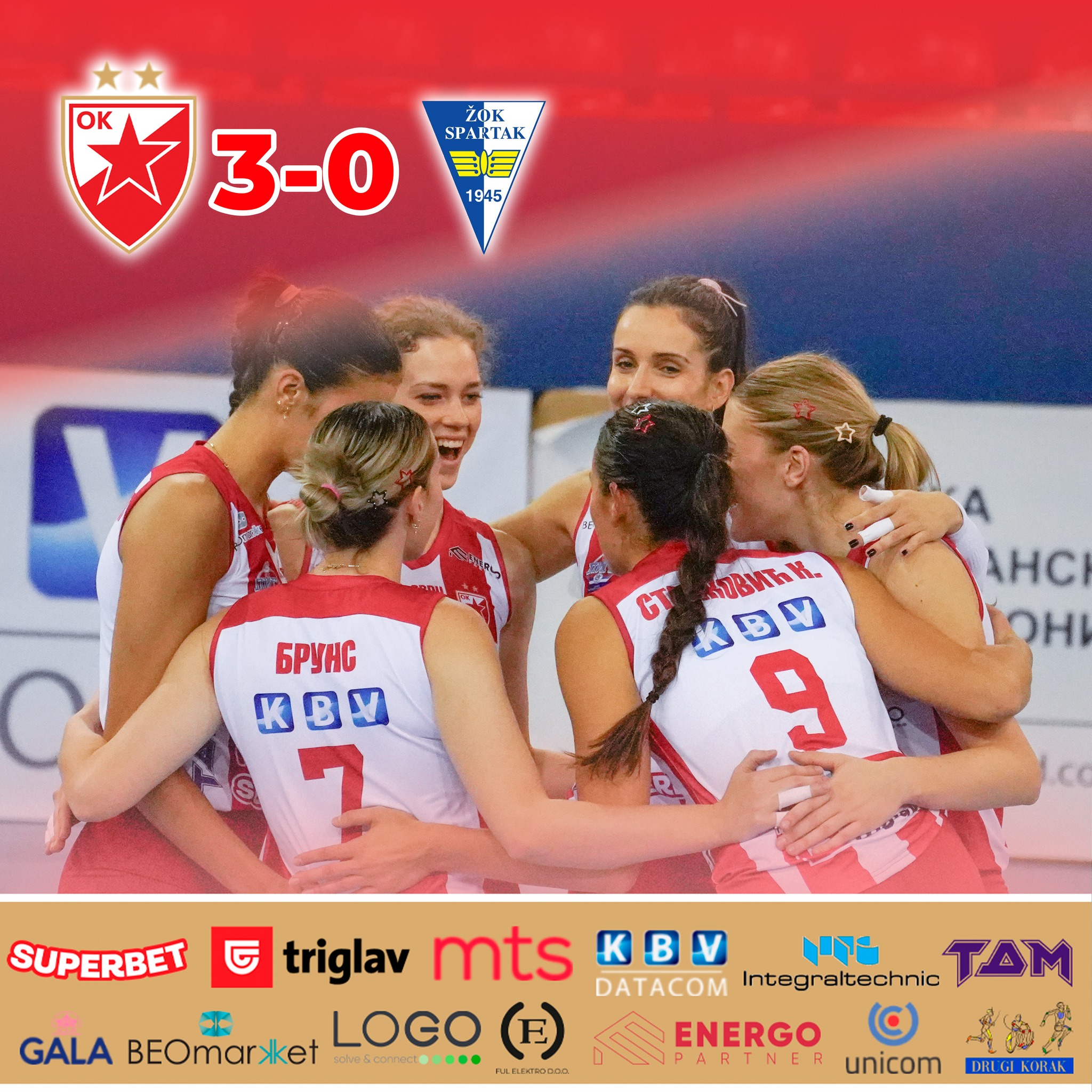 🔴⚪ Победа у осмини финала Купа Србије ⚪🔴
Наше девојке су наставиле низ победа започет за викенд, у првом колу Суперлиге!
До нове победе су дошле у осмини финала 61. Купа Србије за одбојкашице у којој су на Бањици савладале Спартак из Суботице резултатом 3-0, по сетовима 25:11, 25:17 и 25:16.
Најефикаснија у екипи Црвене звезде је била Катарина Станковић са 19 постигнутих поена, пратила ју је Нађа Антоновић са 12, док је Магдалена Обућина је додала 10.
У листу поентера су се уписале још Цветомира Миткова са 9 поена, Љубица Кецман са 6, Милана Станковић је постила 4 поена, два је додала Исидора Јаковљевић, док су Теа Стојановић и Тејлор Брунс уписале по један поен.
Одлична игра наших девојака и сјајна победа којом су се пласирале у четвртфинале Купа Србије.
Опет само пар дана имају за одмор и за викенд их чека први прави изазов и дуел са Железничаром из Лајковца!
#ossrb #odbojka #crvenazvezdabeograd #redstar #redstarbelgrade